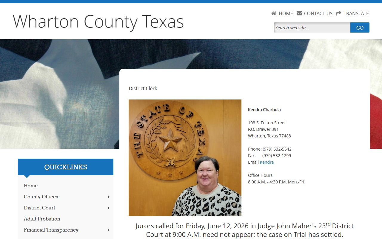 Wharton County court records after jail arrest District Clerk page with iDocket link
