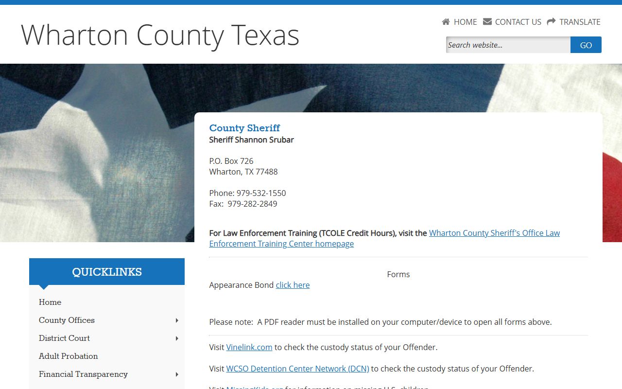Wharton County Jail sheriff custody search links